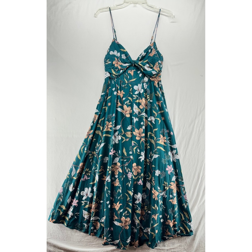 Here Comes The Sun Teal Floral Twist Front Midi Dress Small